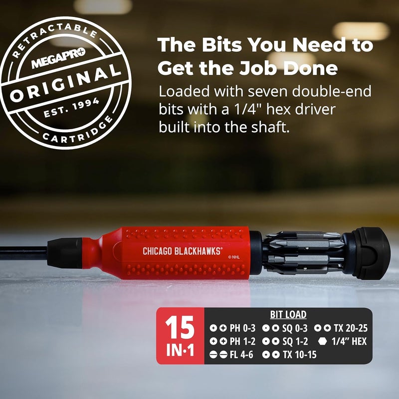 Megapro ® NHL® Team Edition Multi-bit Screwdriver | Officially Licensed NHL® Gear | Durable, Ergonomic, Pro-Grade Screwdriver (Chicago Blackhawks®) - Image 3